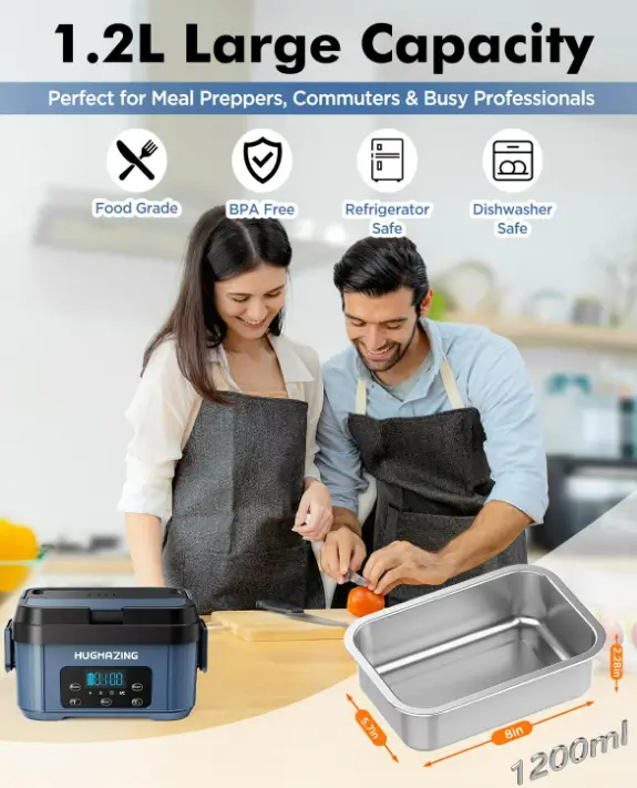 Two people cooking together in a kitchen beside a Hugmazing cordless electric lunch box and its 1.2L stainless steel container